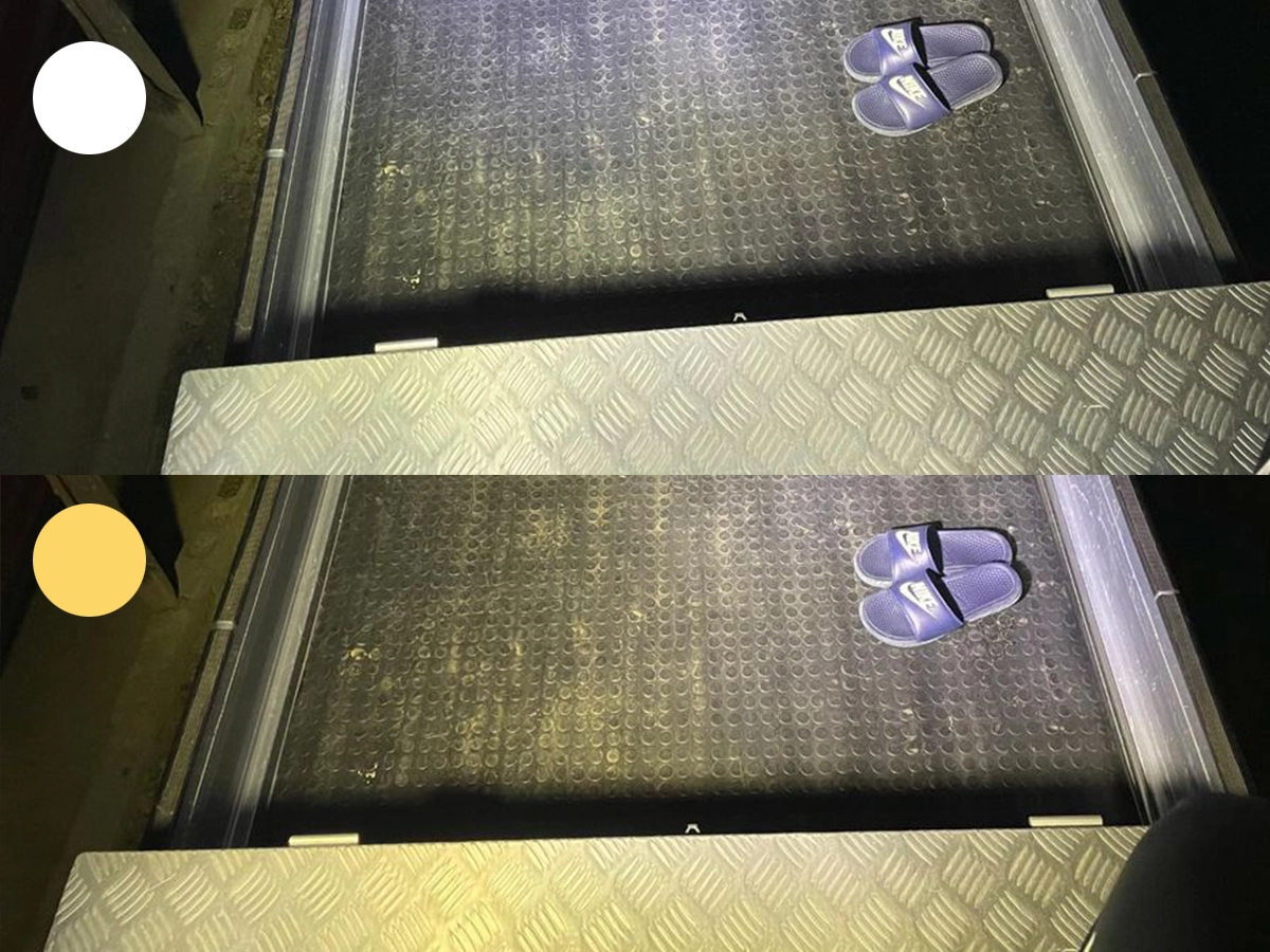 軽トラックの荷台における白色光と黄色光の照射比較。天候や目的に応じて色を使い分け、視認性を高めるライティング例。